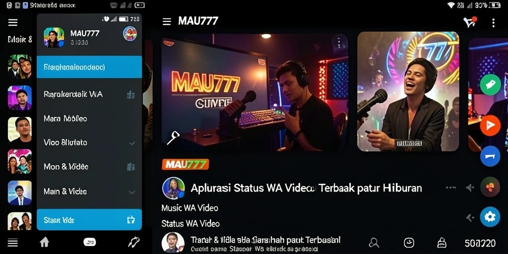Antarmuka aplikasi MAU777 dengan berbagai pilihan video Status WA.